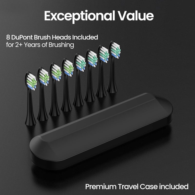 YUNCHI Electric Toothbrush Birthday/Valentine Plastic 8 Dupont Heads 24-Mo Deep Cleans Gentle Gums Removes Stains 3Hr USB-C 90d 2-Min Timer/30s IPX7 - Black - Image 4